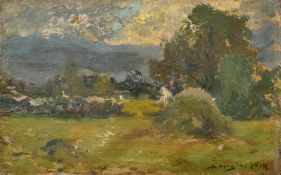 Douglas Volk (1856-1935), an impressionist study of figures in a landscape, oil on panel, signed, 4
