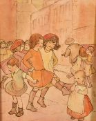 Circle of Margaret Tarrant, children playing in a street, watercolour, signed with initials, 5.5