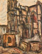 Manner of Maurice Vlaminck, medieval buildings, oil on paper laid onto board, indistinctly signed,