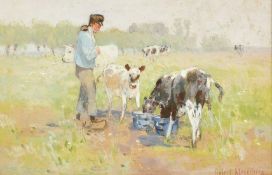 Robert Meyerheim (1847-1920), 'In Holland', a figure feeding calves, watercolour, signed, 3.5