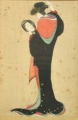 Two Japanese woodblock prints of female figures, both around 12