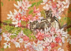 Kay Nixon (1895-1988), squirrels amongst blossom, gouache, signed, 12