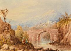 Circle of David Cox, figures crossing a moor, watercolour, 6.75