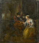 19th Century Continental School, figures and a dog in a dark interior, oil on panel, 7.5