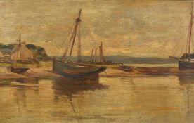 Manner of Wyllie, boats moored in an estuary at low tide, oil on canvas, bears signature, 12