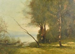 Ferrucio Rontini (1893-1964) Italian, figure in a boat with others resting under trees, oil on