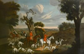 Circle of John Wooton, huntsmen and their hounds on the trail of a fox in an open landscape with a