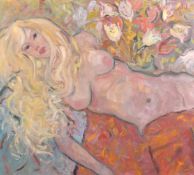 Kanwaldeep Singh Kang, signed Nicks (1964-2007) British, 'Blondie', a reclining nude, oil on canvas,