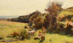 John White (19th Century) 'The big One', a young boy fishing in a stream with a young girl sitting