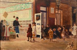 J. Williamson, English School, Circa 1903, a view of a butchers shop with figures queuing, oil on