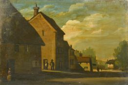 Philip Hugh Padwick (1876-1958), figures in a town street, oil on board, 14