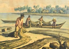 Mid-20th Century Malaysian School, a scene of fishermen sorting nets, watercolour, indistinctly