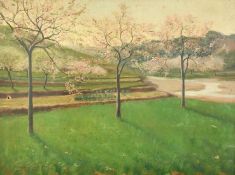 French School, Circa 1901, a view with trees in blossom, oil on canvas, indistinctly signed and