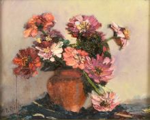 Mary E. Oddie (Early 20th Century), a still life of flowers in an earthenware pot, oil on canvas,