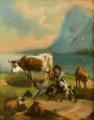 19th Century, possibly Swiss School, two figures holding back a goat with other livestock nearby