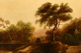 Charles Morris (1861-1922) British, a figure and a wagon on a country track by a cottage, oil on