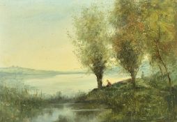 Ferrucio Rontini (1893-1964) Italian, two figures under trees by a lake, oil on canvas, signed, 13.