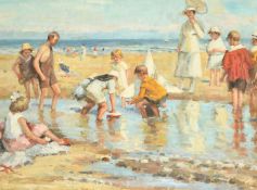 20th Century, a scene of figures on a beach on a summer's day, oil on canvas, 30