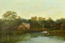 Circle of Boddington, figure in a boat by a weir with dwellings beyond, oil on canvas, 16