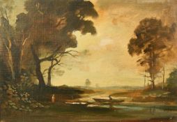 Philip Hugh Padwick (1876-1958), figure in a boat on a tree lined lake, oil on board, 14