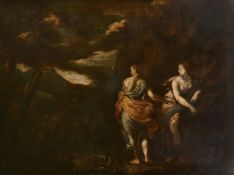 Circle of Poussin, Circa 1650, a group of three oil on canvas scenes depicting the story of Diana,