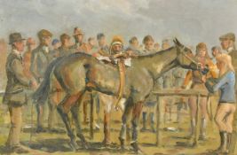 20th Century British School, 'Hunt Race', figures gathered around a horse in an enclosure, oil on