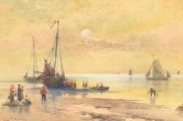 Charles Frederick Allbon (1856-1926), figures near moored boats at dusk, watercolour, signed, 3