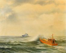 Sutcliffe, 20th Century, a tug boat on its way to meet a stricken vessel in rolling seas, oil on