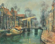 Matt Bruce (1915-2000), moored boats on a city canal, oil on canvas, signed, 15.75