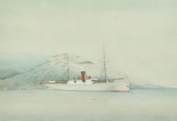 British School, Circa 1890, A Castle Line Ship moored off a headland, inscribed verso 'Off
