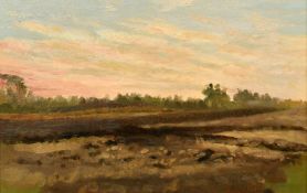 Ernest Weber, Early 20th Century, a view across open fields at dusk, oil on board, signed, 9.5
