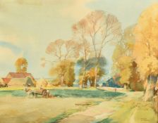 Frank Sherwin (1896-1985), figures working fields with a horse and cart, watercolour, signed, 15