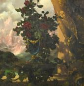 Continental School, Circa 1900, a still life of roses in an urn with a landscape view at dusk in the