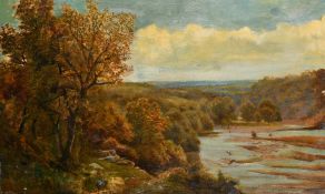 Walter H.W. Foster (1861-1888) British, A landscape with trees on a hillside with a river in a