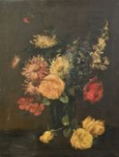 English School, Circa 1900, a still life of mixed flowers in a green vase, oil on canvas,