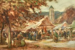 Thomas William Morley (1859-1925), figures in a busy Continental market, watercolour, signed, 11