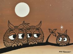 Will Spencer (20th Century), a family of owls on a branch, gouache on board, signed, 18