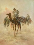 20th Century, a scene of North Arican figures mounted on camels in a sandstorm, oil on canvas, dated