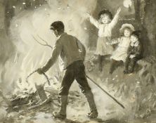Percy Tarrant (1855-1934), 'A bonfire', oil on board, en grisaille, 5