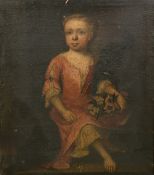 English School, Circa 1680, a portrait of a young girl holding a basket of flowers, oil on canvas,