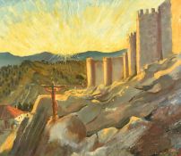 Mid-20th Century, a scene of a Spanish walled city with a figure on a crucifix, oil on board, signed