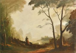 Philip Hugh Padwick (1876-1958), figure standing in a tree lined open landscape, oil on board, 14