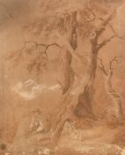 19th Century Continental School, a goatherd seated at the foot of a tree, sepia heightened with