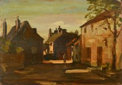 Philip Hugh Padwick (1876-1958), a lone figure on a town street, oil on panel, 10