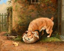 Alfred Moginie Bryant (19th/20th Century), a dog and cat fighting in a farmyard, oil on canvas,
