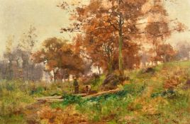 Frank Richards (1863-1935), foresters in a clearing, oil on canvas laid on board, signed, 14