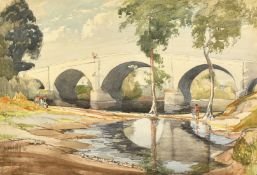 Mackay (Early 20th Century), figures by an arched bridge, watercolour, signed, 14