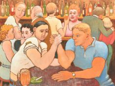 Elizabeth McCool, Circa 1990, a scene in a busy pub with arm wrestlers in the foreground, oil on