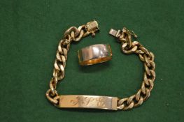 An 18ct gold curb link identity bracelet and a 9ct gold wedding band.