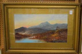 Highland landscape with cattle by a lake, watercolour.